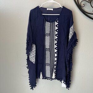 Cupshe  Blue Boho Tunic Cover-Up with Tassels & Pom Pom Trim – One Size